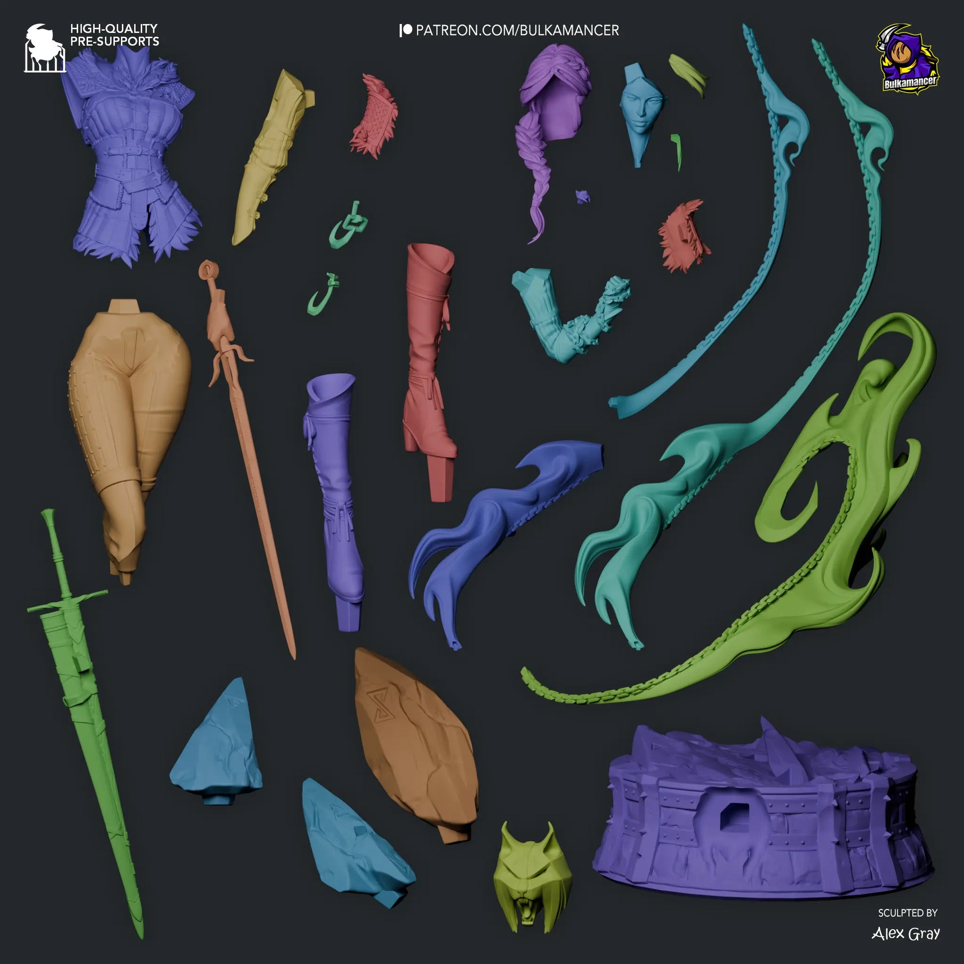 Exploded part view of Ciri statue – all resin components shown for pre-supported 3D print assembly.