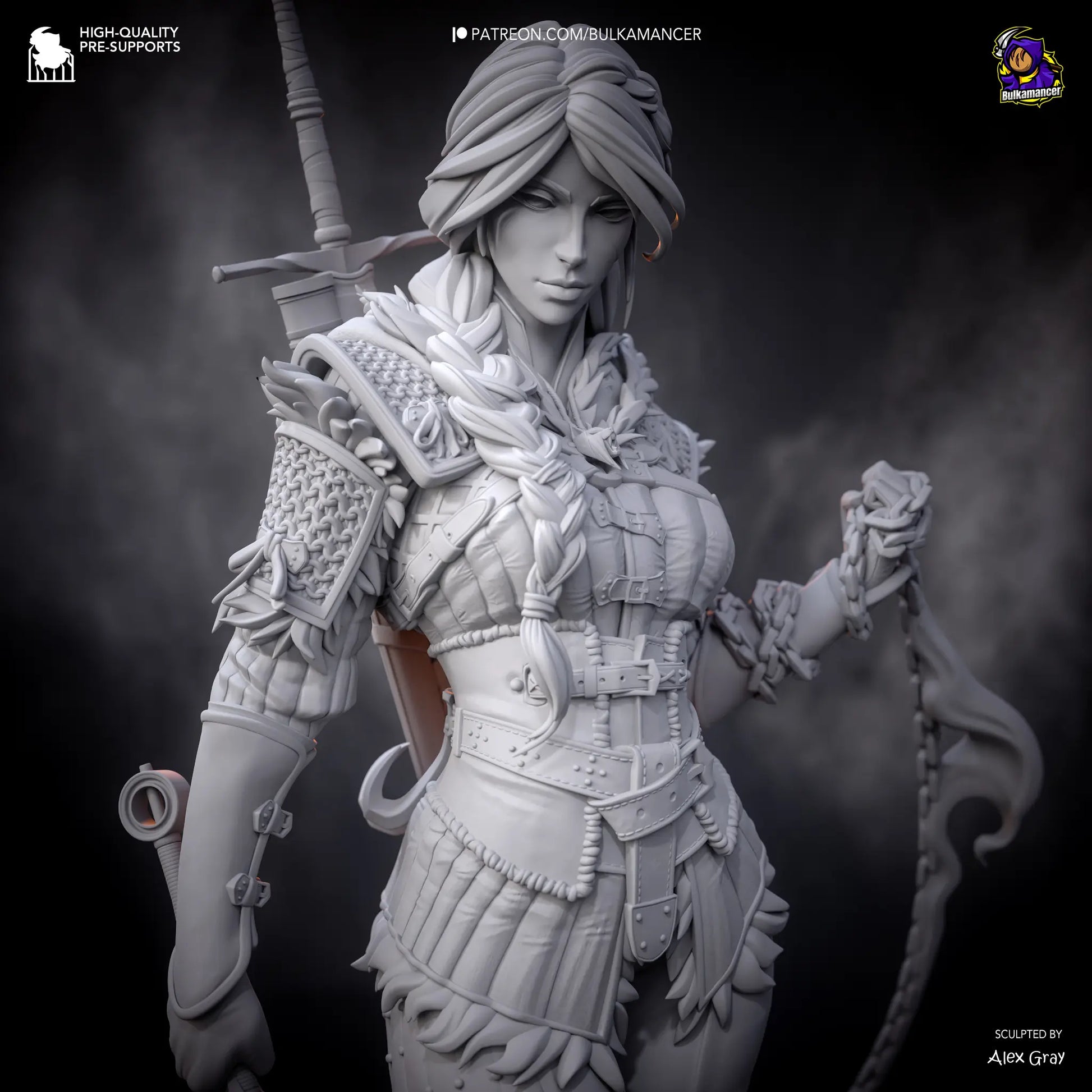 Unpainted 3D printed Ciri statue from The Witcher 4 – frontal view with sculpted chain and scenic base.