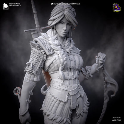 Unpainted 3D printed Ciri statue from The Witcher 4 – frontal view with sculpted chain and scenic base.
