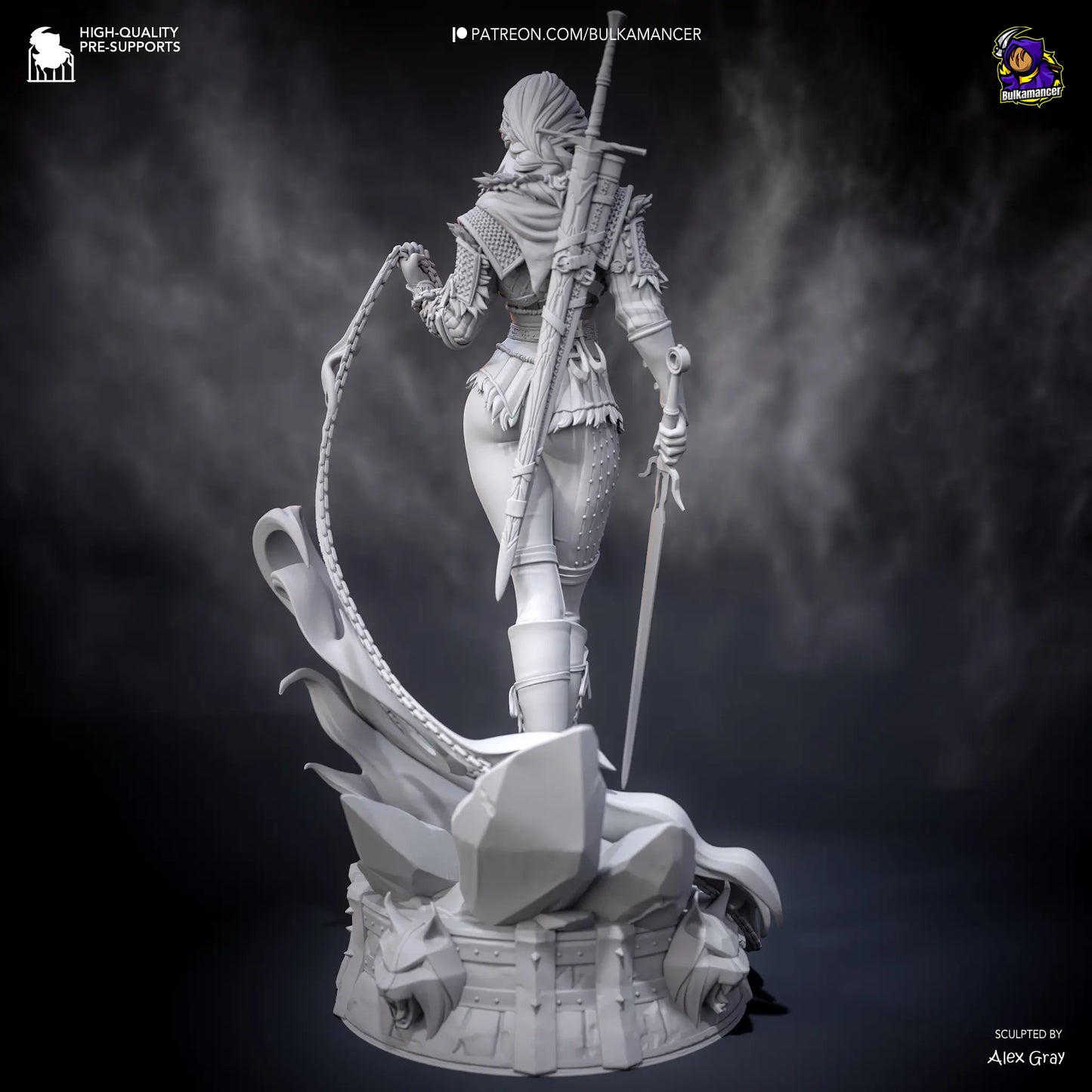 Ciri (Stylized) resin statue – rear view showing sculpted flame effects, dual swords, and scenic base. 3D printed fan art collectible from The Witcher 4.