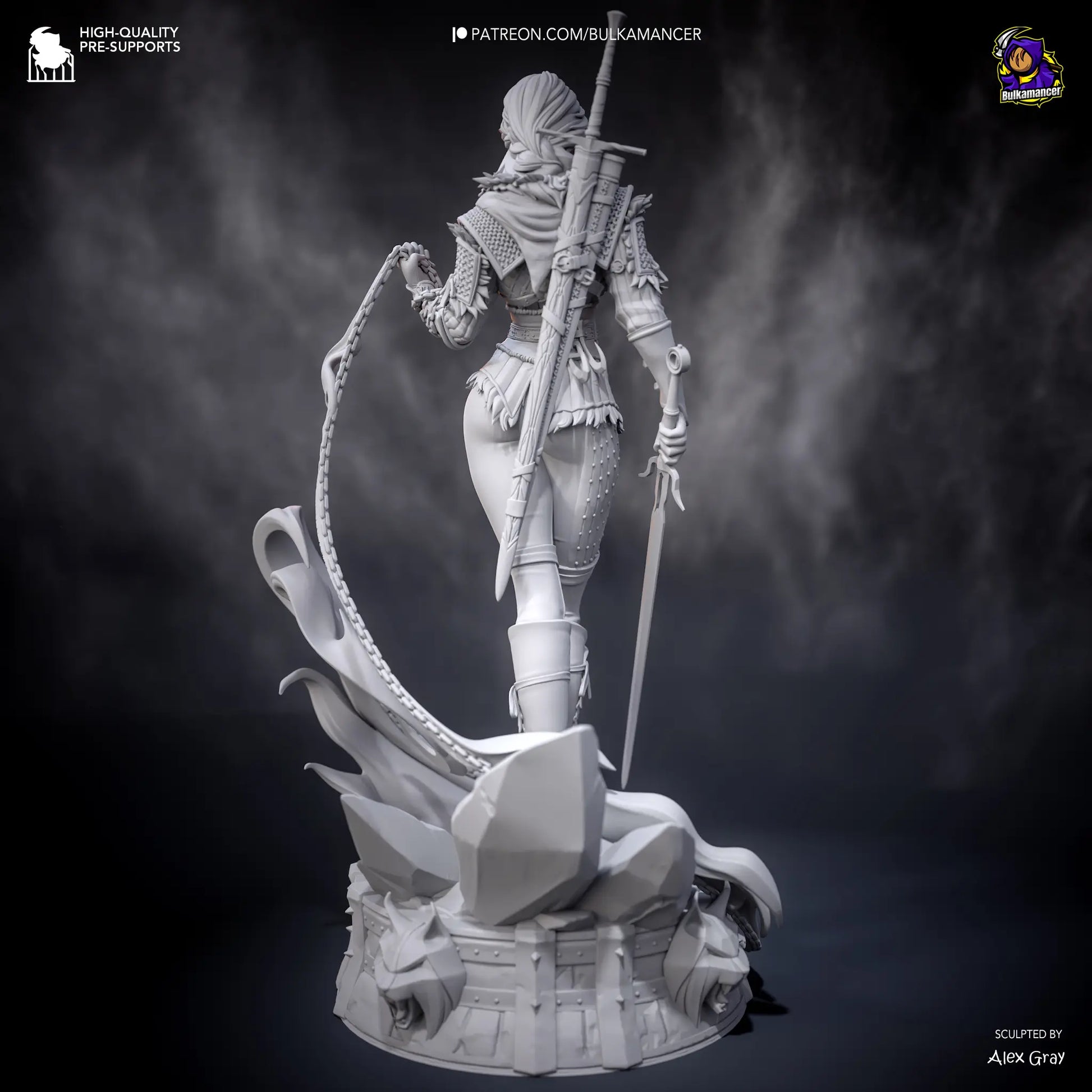 Ciri (Stylized) resin statue – rear view showing sculpted flame effects, dual swords, and scenic base. 3D printed fan art collectible from The Witcher 4.