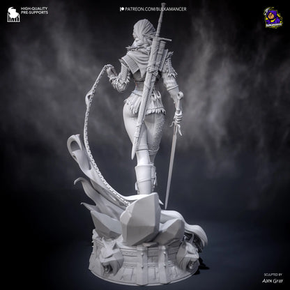 Ciri (Stylized) resin statue – rear view showing sculpted flame effects, dual swords, and scenic base. 3D printed fan art collectible from The Witcher 4.