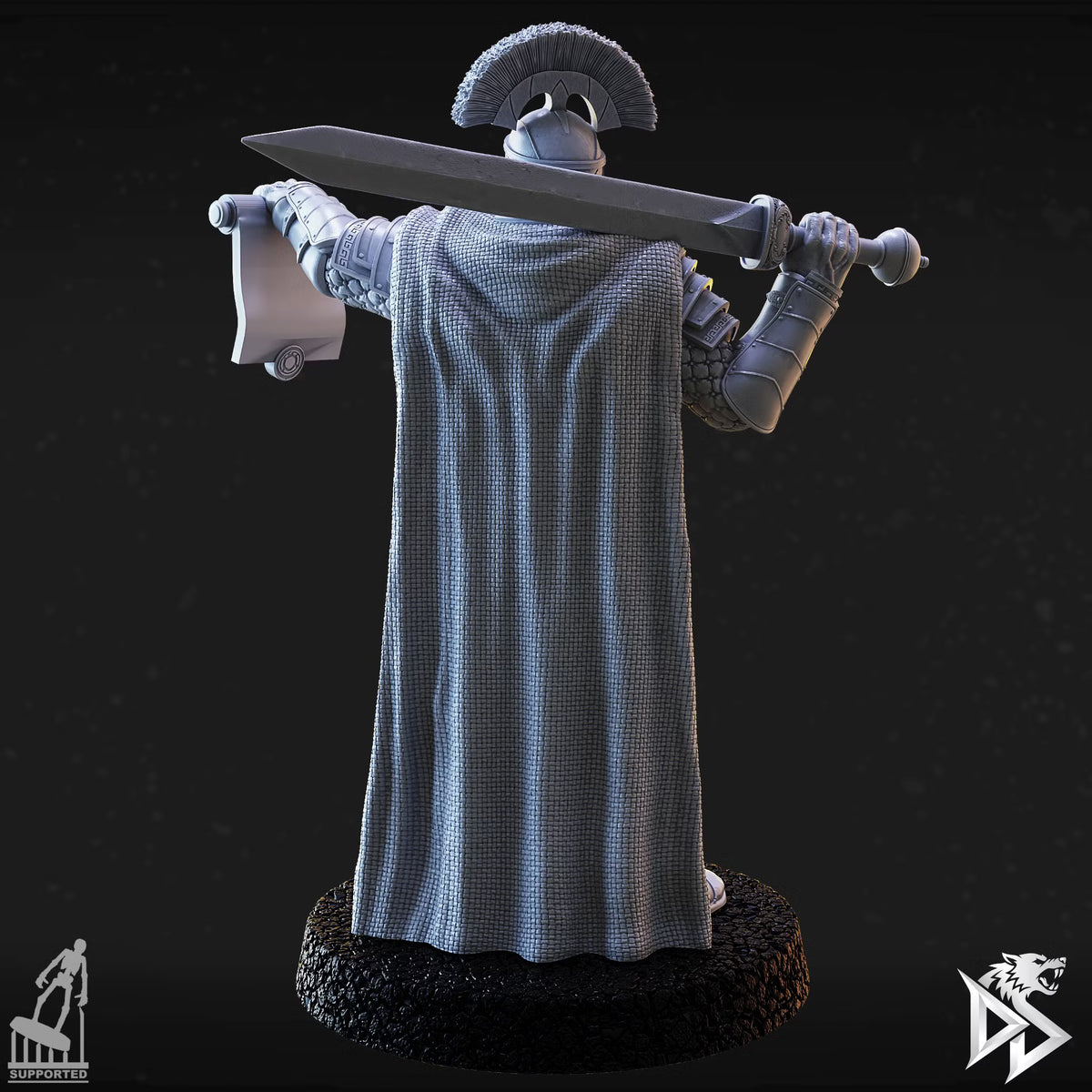 Rear view of the City Guards Commander showing a flowing cape, crested helmet, large sword, and scroll.