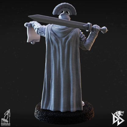 Rear view of the City Guards Commander showing a flowing cape, crested helmet, large sword, and scroll.