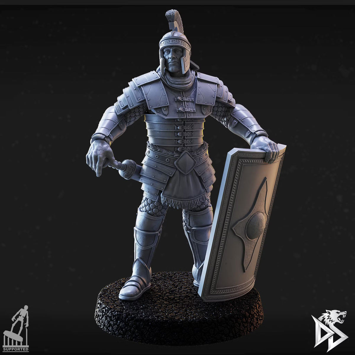 Human City Guard A wearing layered armor and a crested helmet, holding a sword and tall rectangular shield.