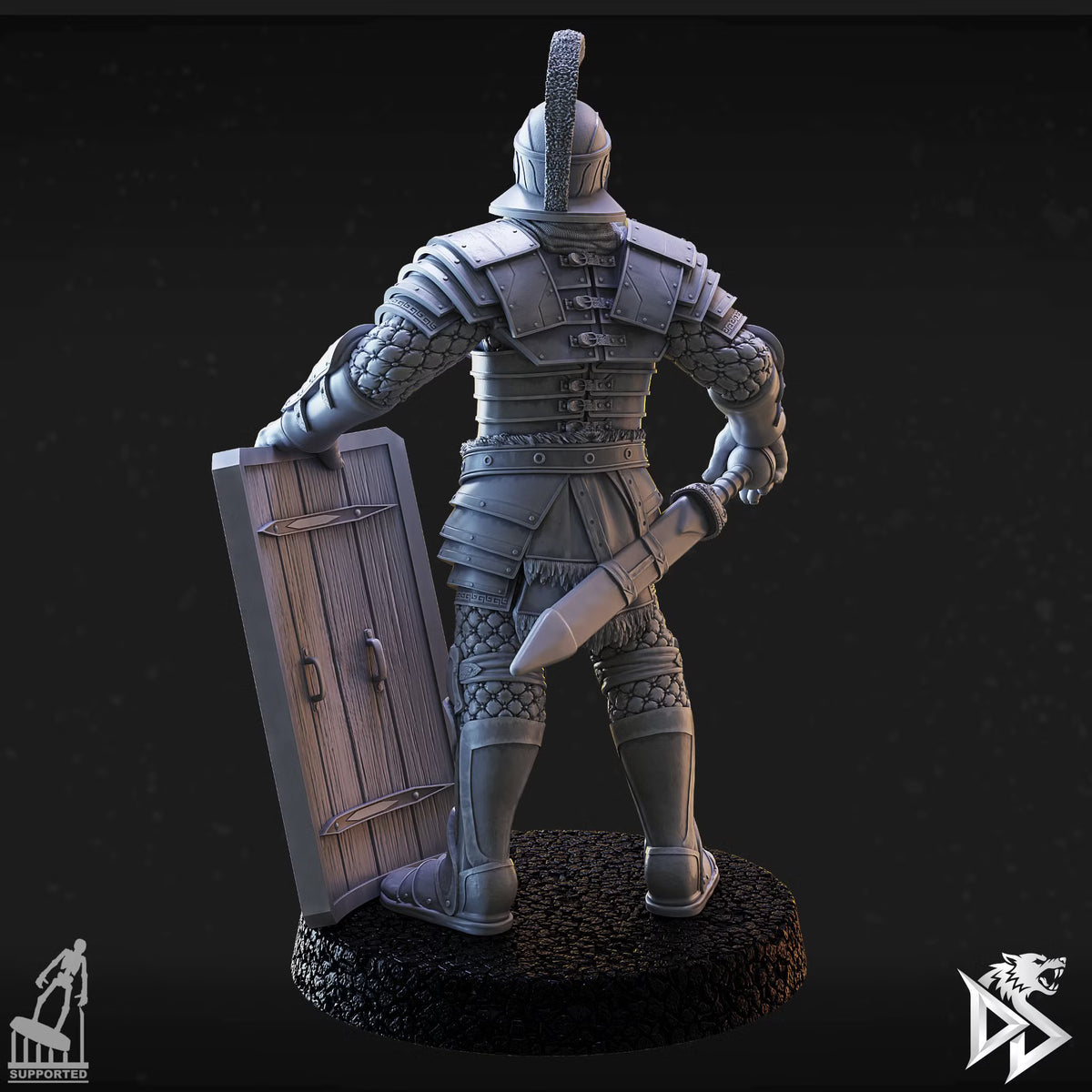 Rear view of City Guard A showing layered back armor, sword, and the reverse of a rectangular shield.