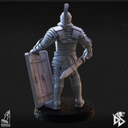 Rear view of City Guard A showing layered back armor, sword, and the reverse of a rectangular shield.