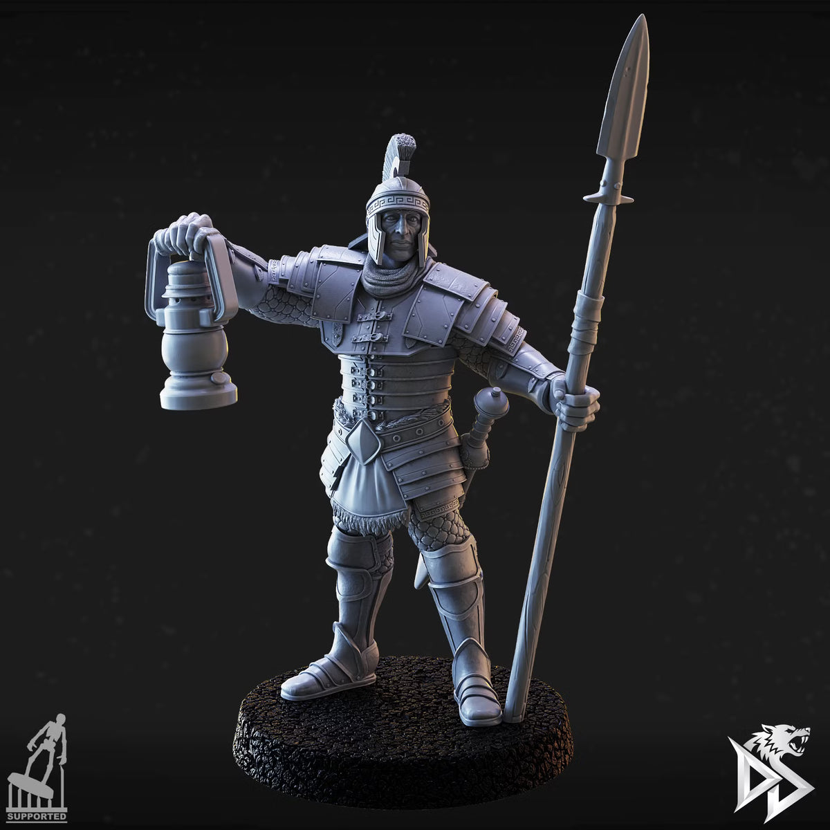 Human City Guard B carrying a tall spear and lantern while wearing layered armor and a crested helmet.