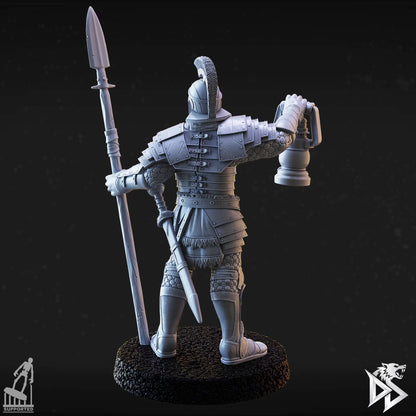 Rear view of City Guard B carrying a spear and lantern, showing detailed back armor and a sheathed sword.