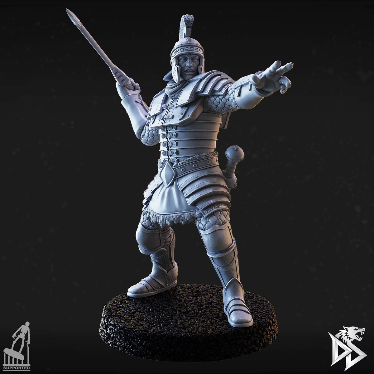 City Guard C holding a spear while extending his free arm outward in a commanding gesture.