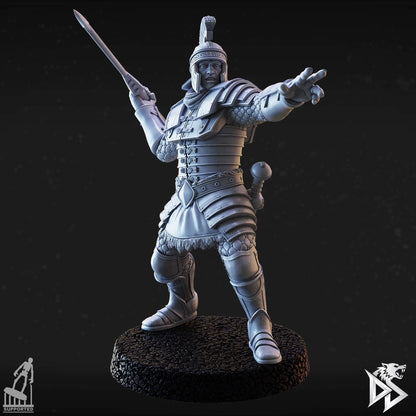 City Guard C holding a spear while extending his free arm outward in a commanding gesture.