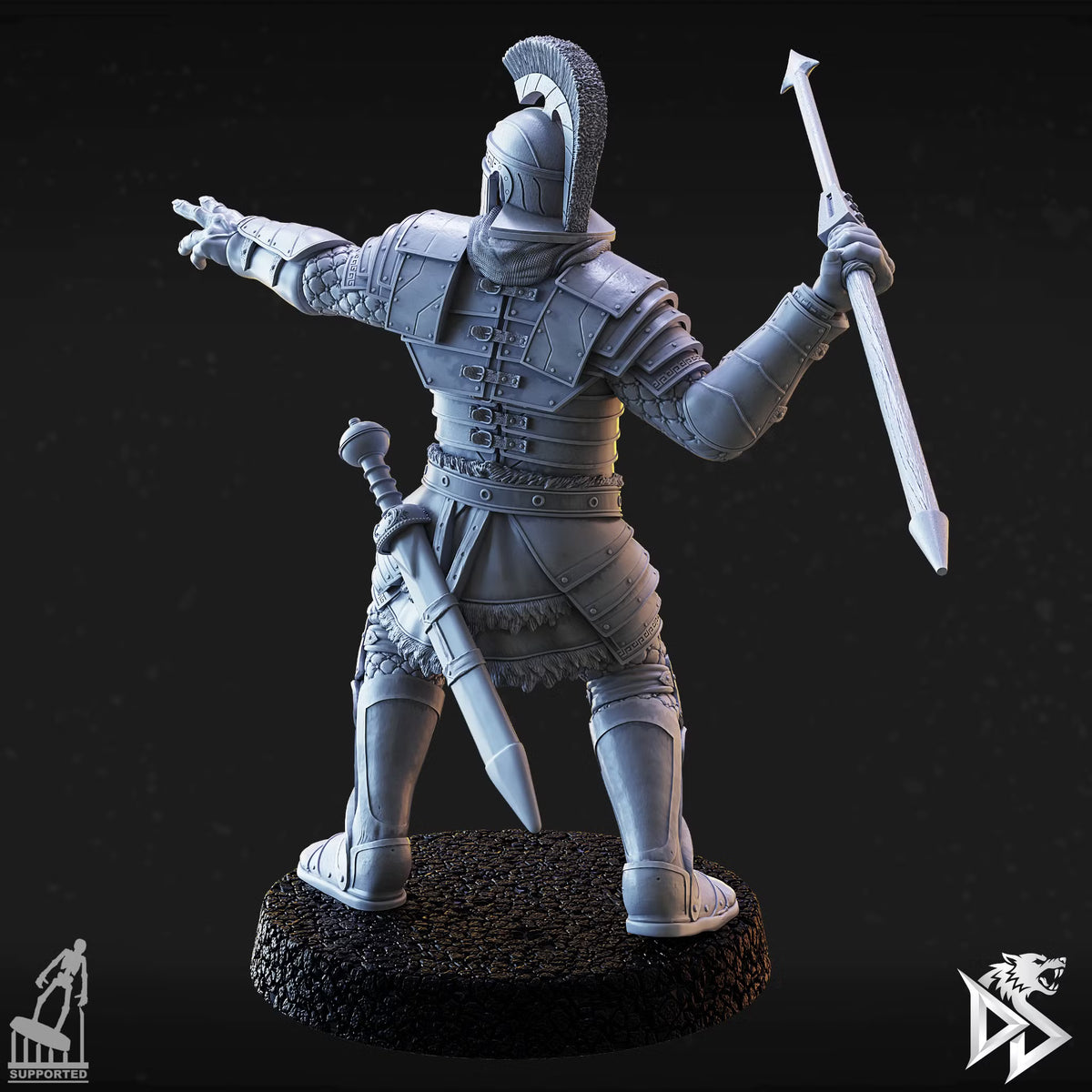 Rear view of City Guard C showing layered armor, a sheathed sword, and spear.
