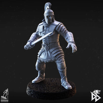 Human City Guard D1 standing ready for combat with a drawn sword, crested helmet, and extended free hand.