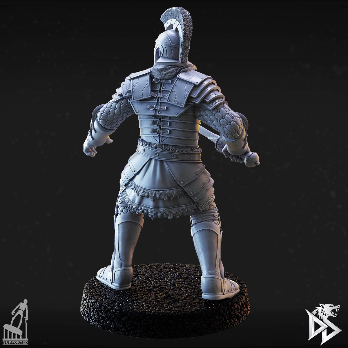 Rear view of City Guard D1 showing layered armor plates, a crested helmet, and sword held at his side.
