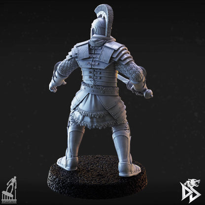 Rear view of City Guard D1 showing layered armor plates, a crested helmet, and sword held at his side.