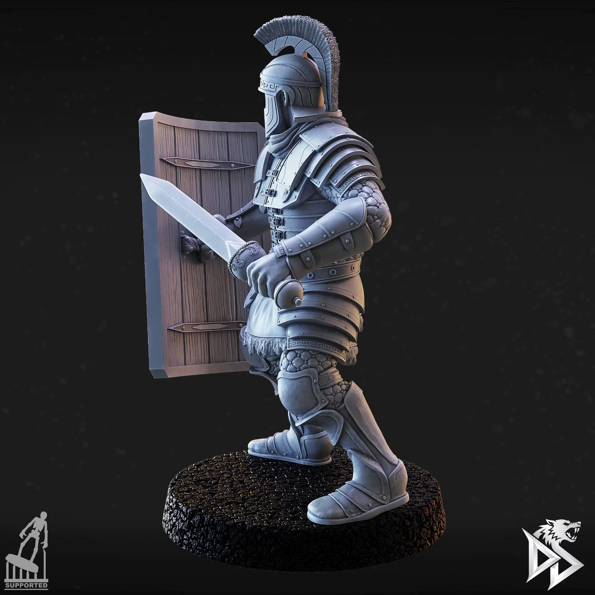 Side view of City Guard D2 holding a sword and rectangular shield, showing the shield reverse and leg armor.