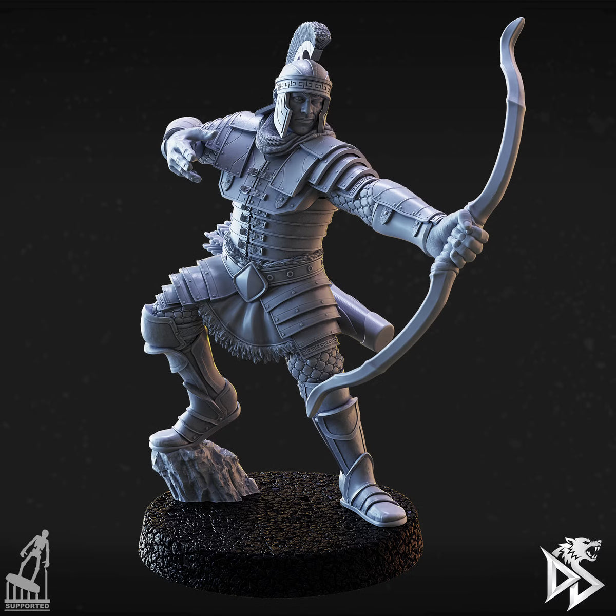 Angled view of City Guard E extending a curved bow while wearing layered armor and standing on rocky terrain.