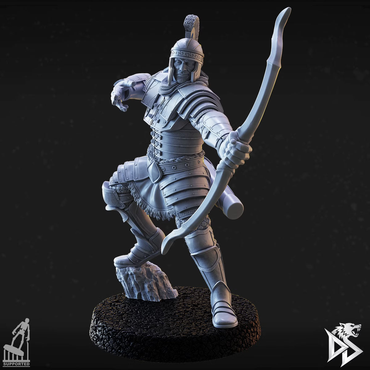 Human City Guard E holding a curved bow in a dynamic stance with one foot raised on rocky terrain.