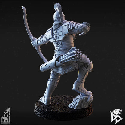 Rear view of City Guard E showing a curved bow, hip-mounted arrow quiver, and layered armor.
