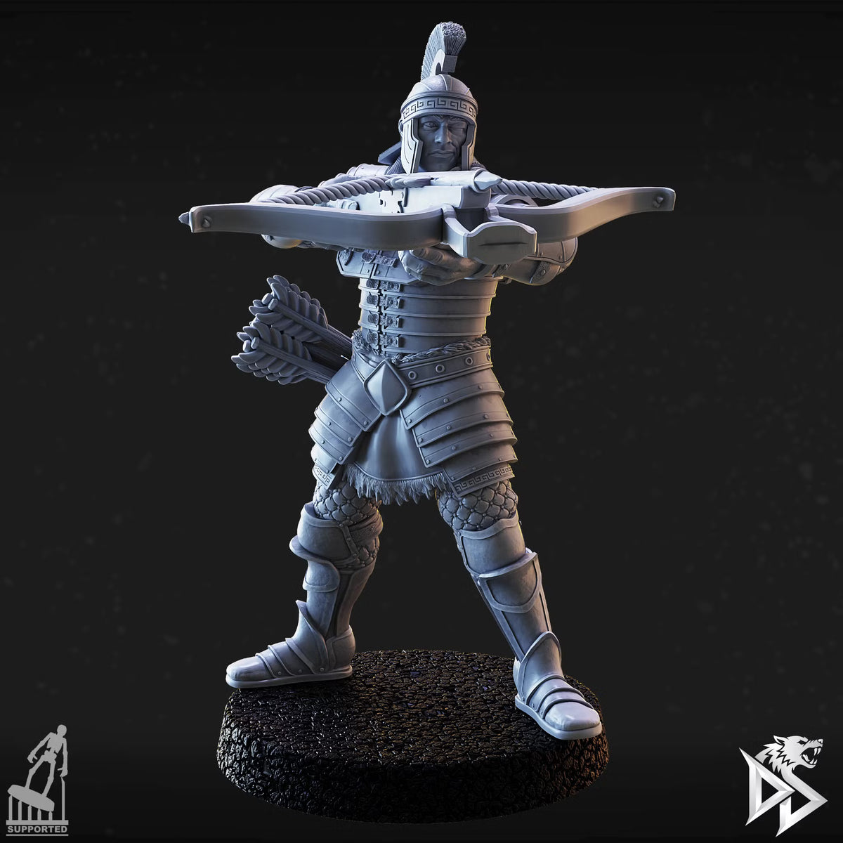 Human City Guard F aiming a detailed crossbow forward while wearing a crested helmet and layered armor.