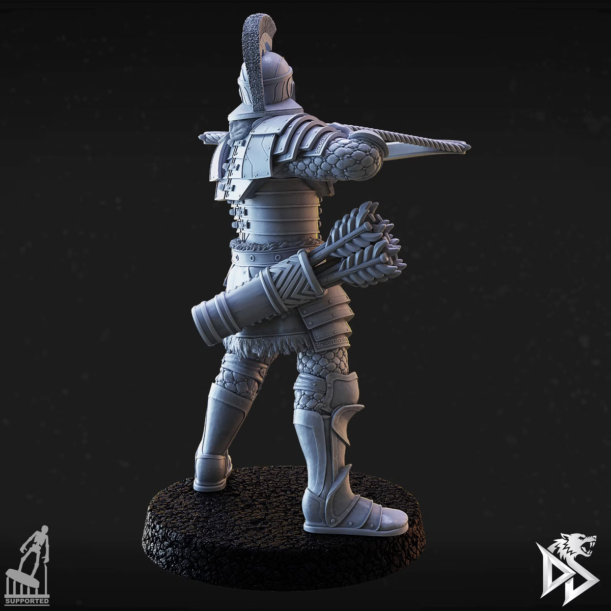 Rear angled view of City Guard F aiming a crossbow, showing layered armor and a hip-mounted bolt quiver.