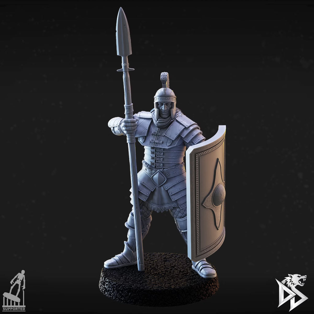 Human City Guard G holding a tall spear and large decorated rectangular shield in a defensive stance.