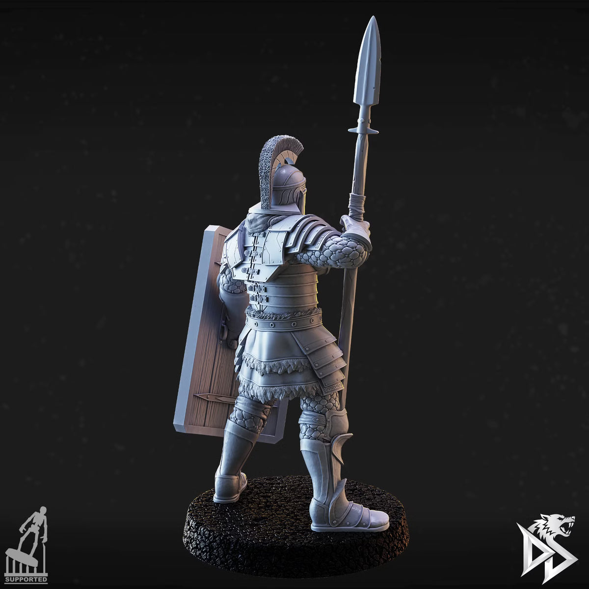Rear view of City Guard G showing the back of a rectangular shield, layered armor, and a tall spear.