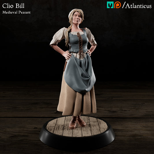Front view color render of Clio Bill the medieval peasant miniature standing on a wooden base by Atlanticus Arts.