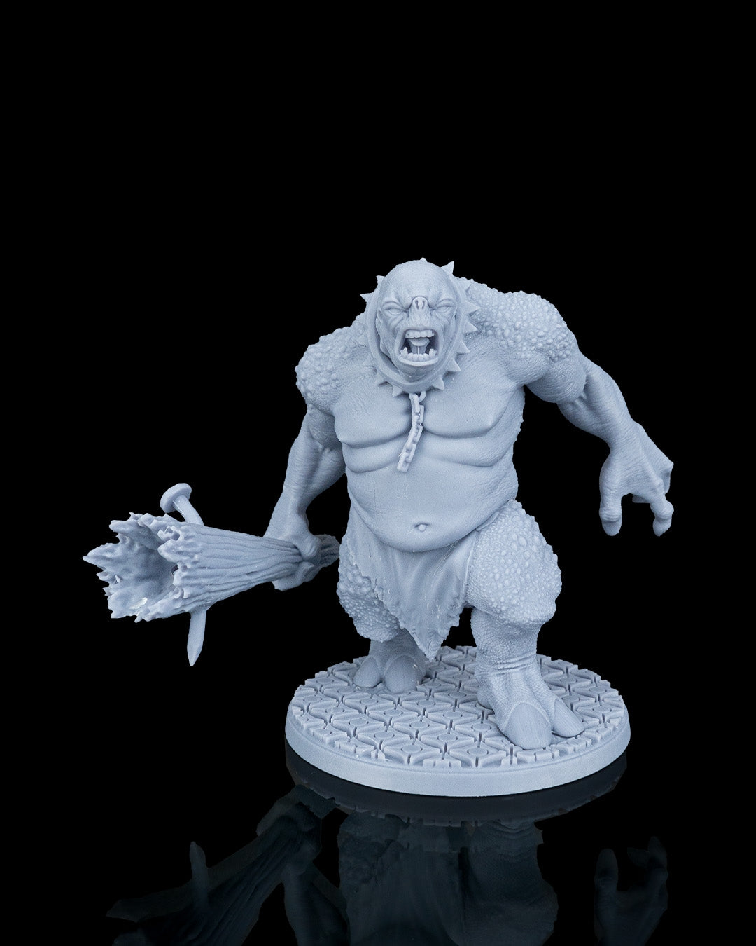 Clubba the Troll monstrous giant resin miniature by Artificers Mini stepping forward with a spiked collar and wooden club.