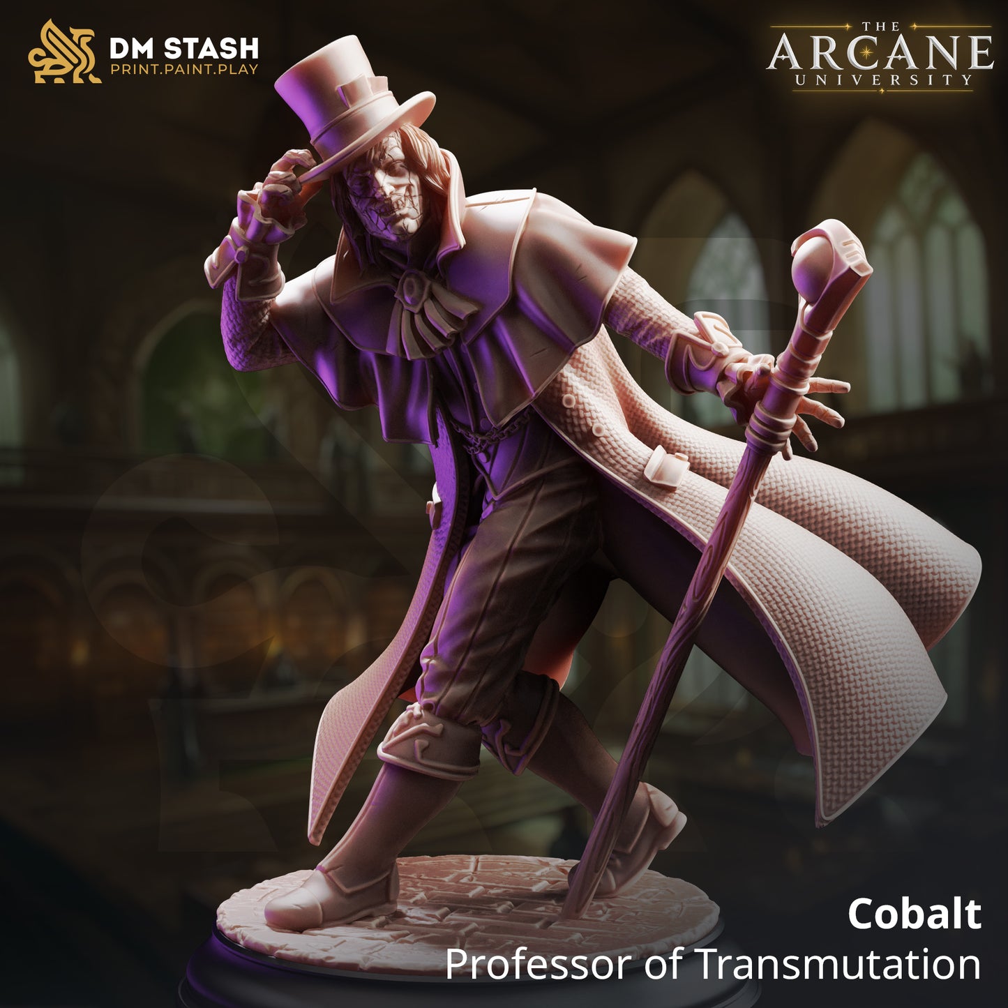 Cobalt Professor of Transmutation 3D printed resin miniature by DM Stash, featuring an eccentric wizard with a cracked face tipping his top hat and holding an arcane staff.