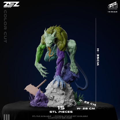 The Joker Absolute Edition premium collectible statue, color-coded render highlighting the interlocking parts of his muscular frame and tattered trench coat.