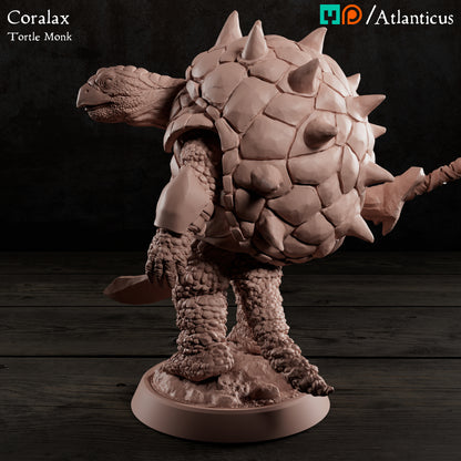 Left profile render of the unpainted Coralax model highlighting his sturdy stance, leg armor, and the back hem of the heavy shell.