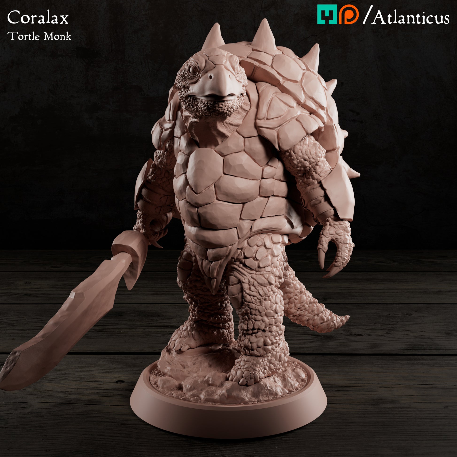 Straight-on front view of the unpainted turtle warrior miniature standing firmly on a rocky display base with his glaive resting at his side.