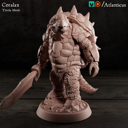 Straight-on front view of the unpainted turtle warrior miniature standing firmly on a rocky display base with his glaive resting at his side.