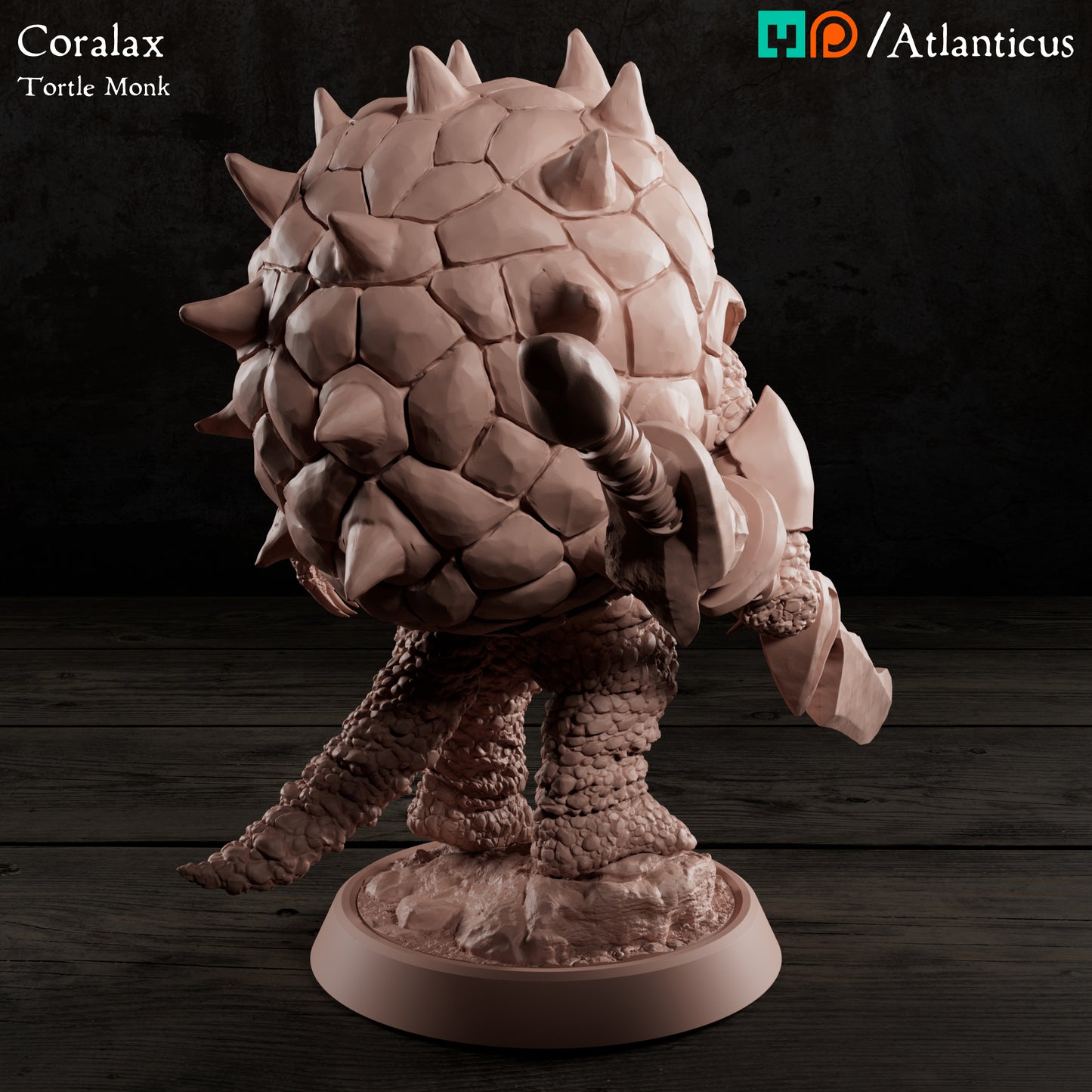 Directly behind render of the unpainted turtle folk miniature showing the full circular spiked shell and textured scaly tail.