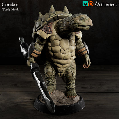 Front view of a realistically painted Coralax turtle folk monk miniature with a green textured skin, brown spiked shell, and a heavy iron-bladed staff on a dark wooden background.