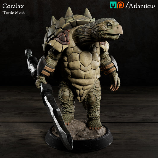 Front view of a realistically painted Coralax turtle folk monk miniature with a green textured skin, brown spiked shell, and a heavy iron-bladed staff on a dark wooden background.