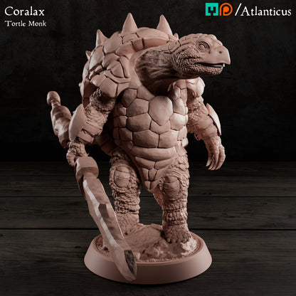 Front render of the unpainted resin Coralax miniature displaying detailed reptile scales, thick shell plates, and a massive glaive weapon.