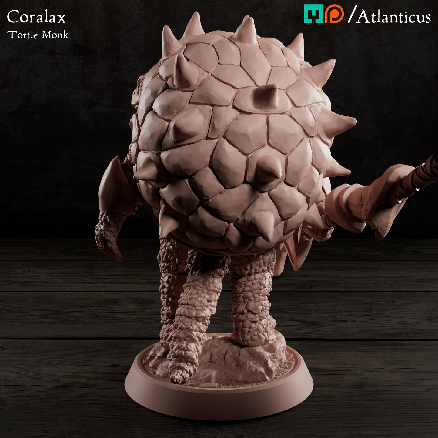 Rear-left three-quarters render of the unpainted turtle folk model showcasing the thick scale textures on his powerful legs and tail.