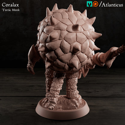 Rear-left three-quarters render of the unpainted turtle folk model showcasing the thick scale textures on his powerful legs and tail.