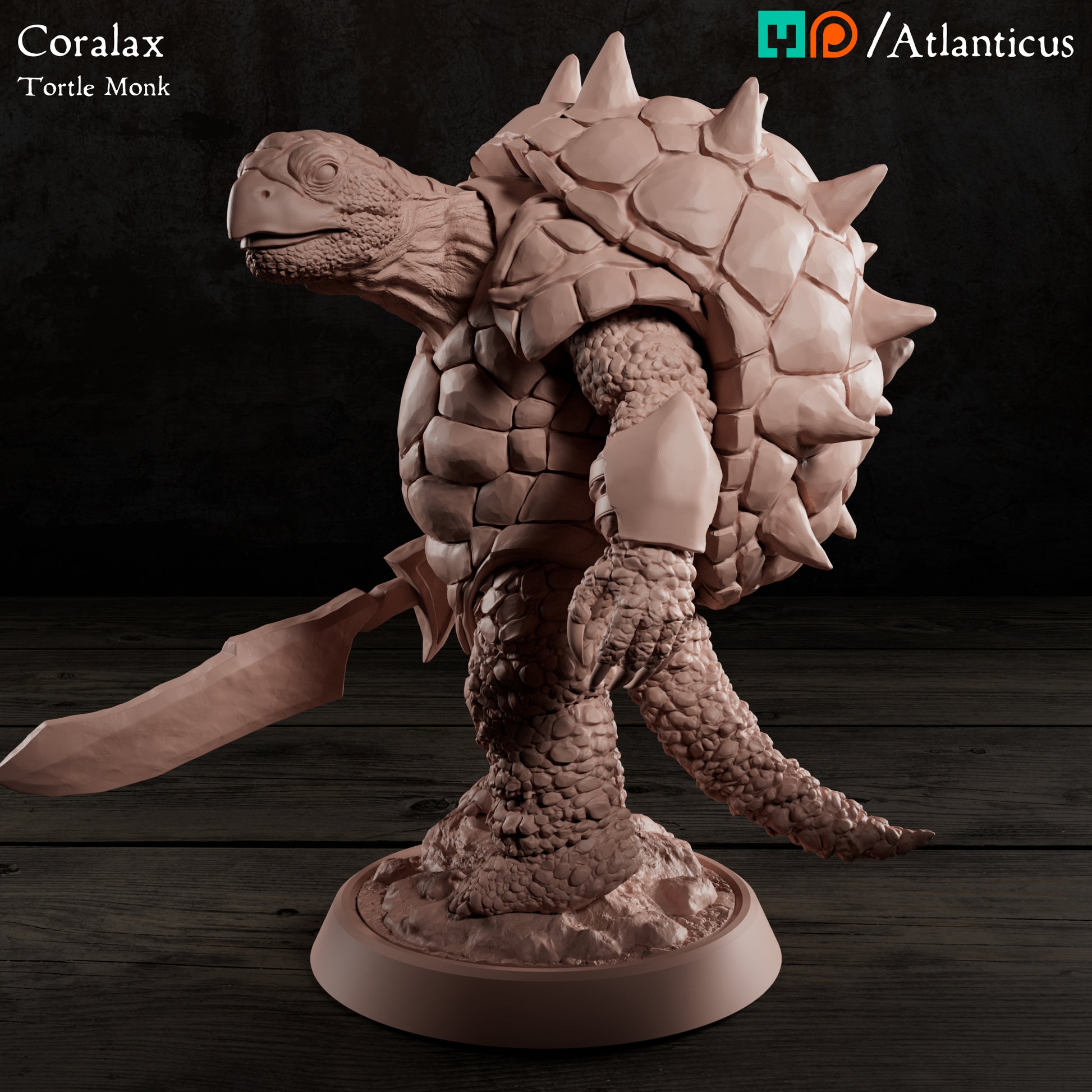 Front-left three-quarter view of the unpainted resin model showing the broad beak, deep-set eyes, and heavy plate armor details on his shoulders.
