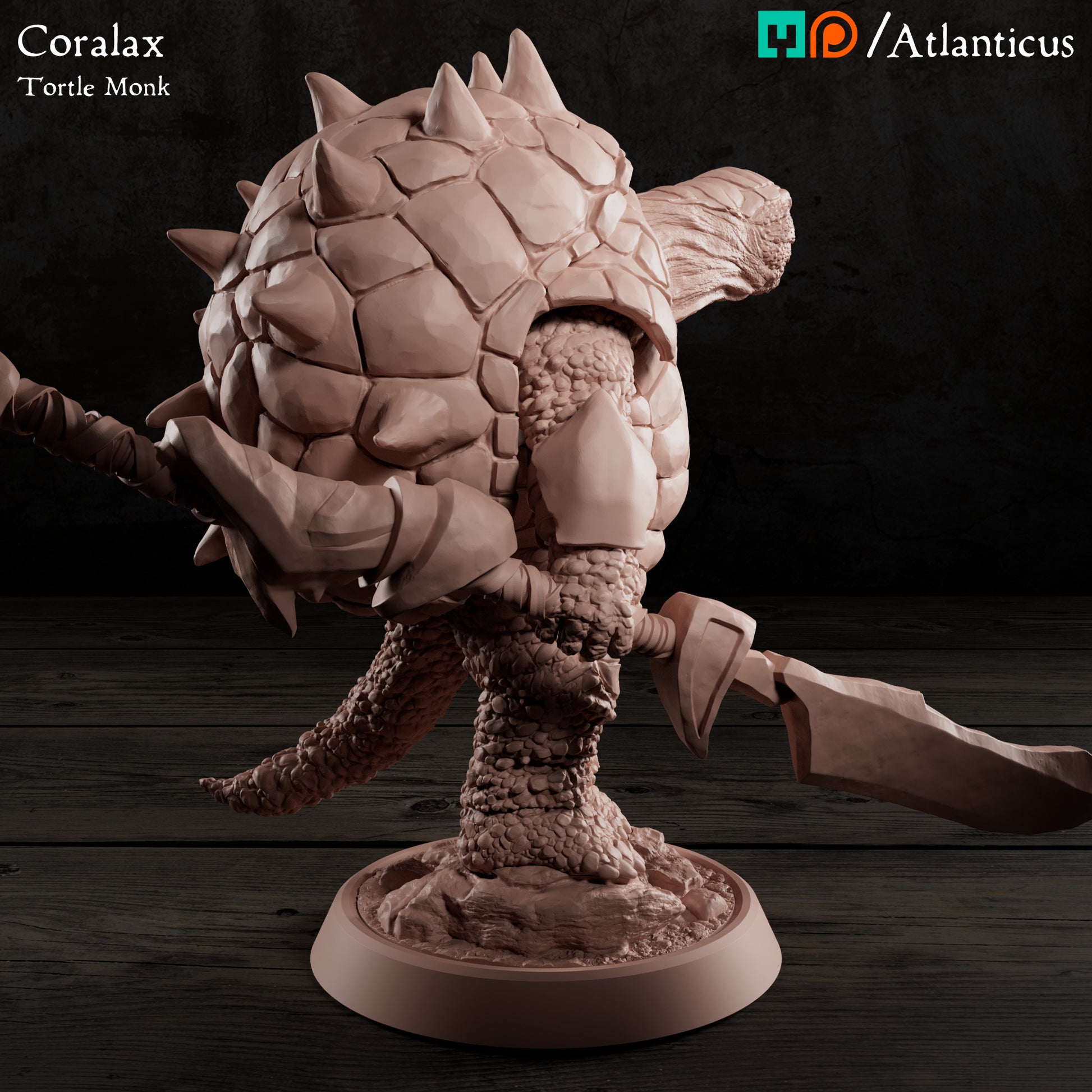 Rear-right three-quarters view of the shelled warrior miniature highlighting the heavy spikes on the carapace and muscle folds on the neck.