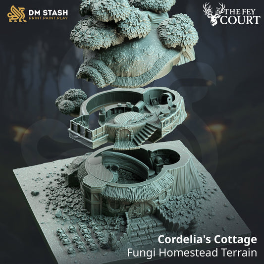 Exploded view of Cordelia's Cottage showing modular stackable floor levels and interior play space by DM Stash.