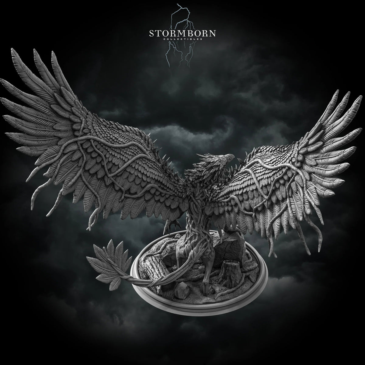 Rear perspective showing feather textures and long fan tail of the Corrupted Forest Gryphon by Stormborn Collectibles.