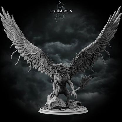 Front view of the Corrupted Forest Gryphon resin miniature with massive spread wings by Stormborn Collectibles.