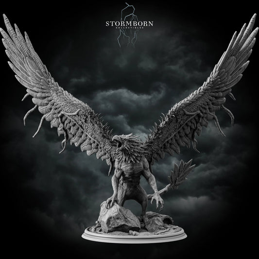 Front view of the Corrupted Forest Gryphon resin miniature with massive spread wings by Stormborn Collectibles.