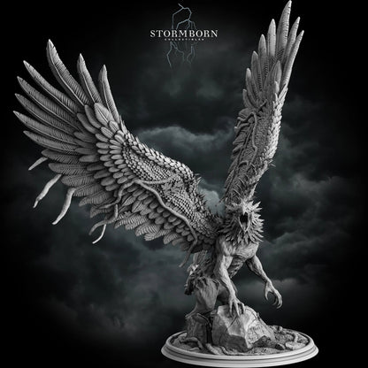 Hero stance of the Huge Corrupted Forest Gryphon miniature perched on a rock base by Stormborn Collectibles.