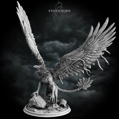 Three-quarter angle of the Corrupted Forest Gryphon showing wing tendrils and fan tail by Stormborn Collectibles.