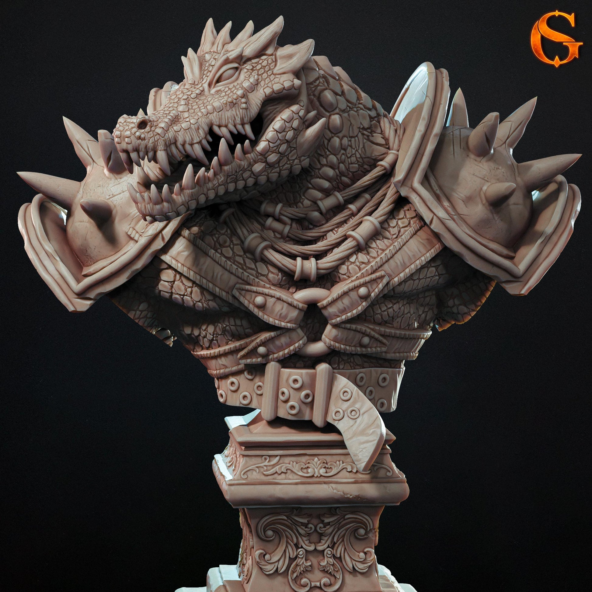Close-up front render view of the Crackle-Tooth crocodile lycanthrope display bust, focusing on the razor-sharp teeth, snout anatomy, and layered neck jewelry.