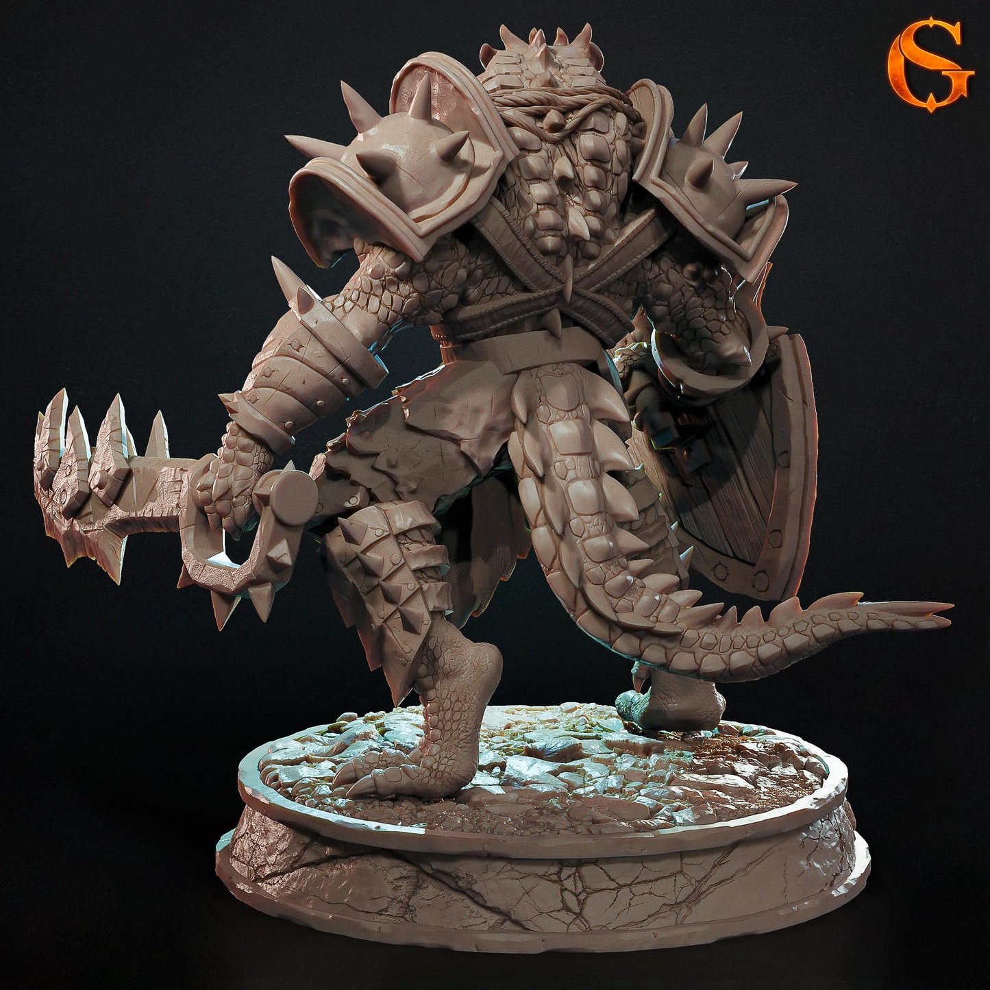 Rear render view of the Crackle-Tooth Were-Crocodile miniature, showcasing the heavily scaled back, thick spiked tail, leather harness straps, and back of the shield.